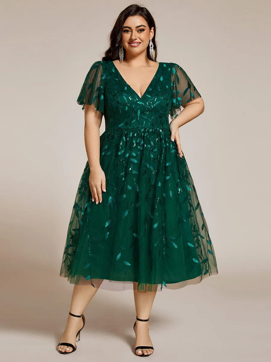 Gentle Coco | Plus Size Sparkly A-Line Midi Tulle Formal Wedding Guest Dress with Leaf Sequin