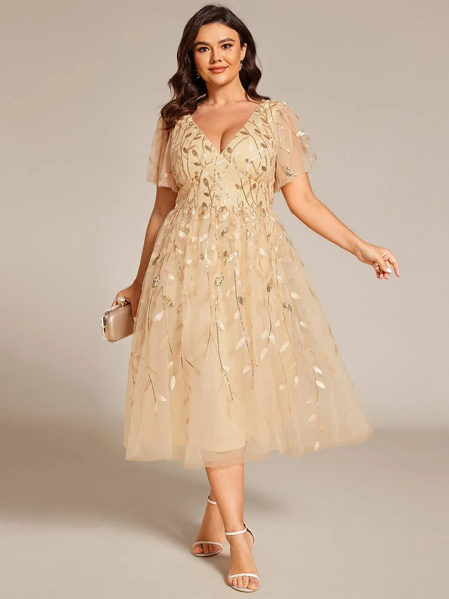 Gentle Coco | Plus Size Sparkly A-Line Midi Tulle Formal Wedding Guest Dress with Leaf Sequin