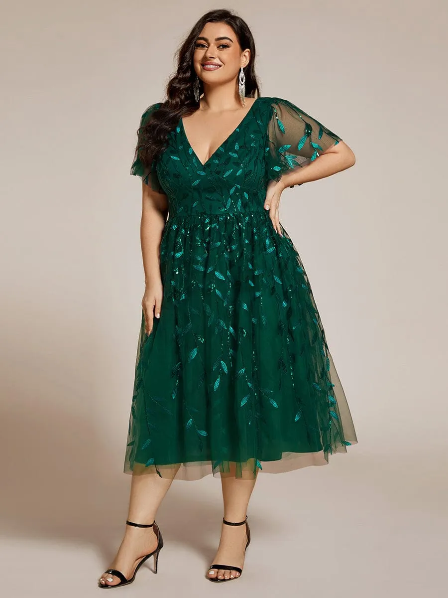 Gentle Coco | Plus Size Sparkly A-Line Midi Tulle Formal Wedding Guest Dress with Leaf Sequin