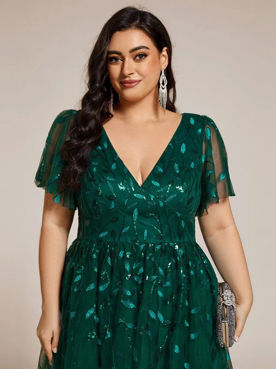 Gentle Coco | Plus Size Sparkly A-Line Midi Tulle Formal Wedding Guest Dress with Leaf Sequin