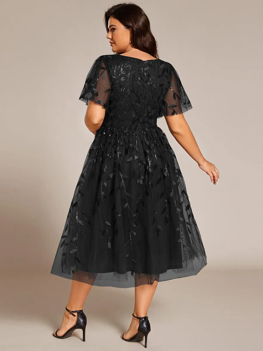 Gentle Coco | Plus Size Sparkly A-Line Midi Tulle Formal Wedding Guest Dress with Leaf Sequin