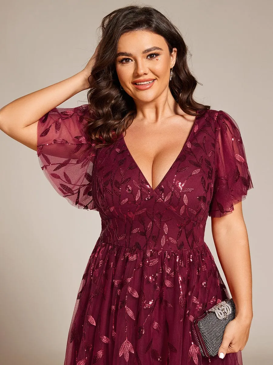 Gentle Coco | Plus Size Sparkly A-Line Midi Tulle Formal Wedding Guest Dress with Leaf Sequin