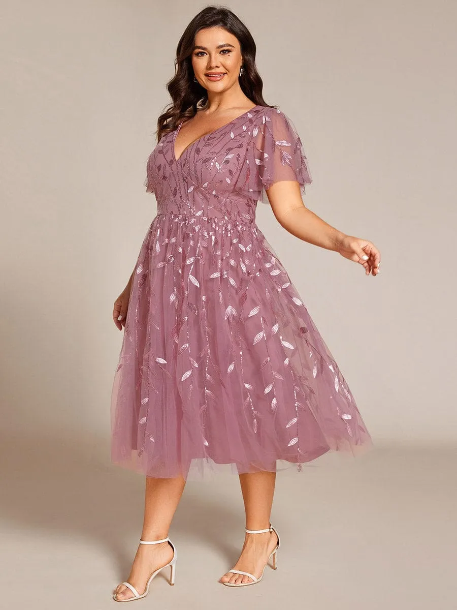 Gentle Coco | Plus Size Sparkly A-Line Midi Tulle Formal Wedding Guest Dress with Leaf Sequin