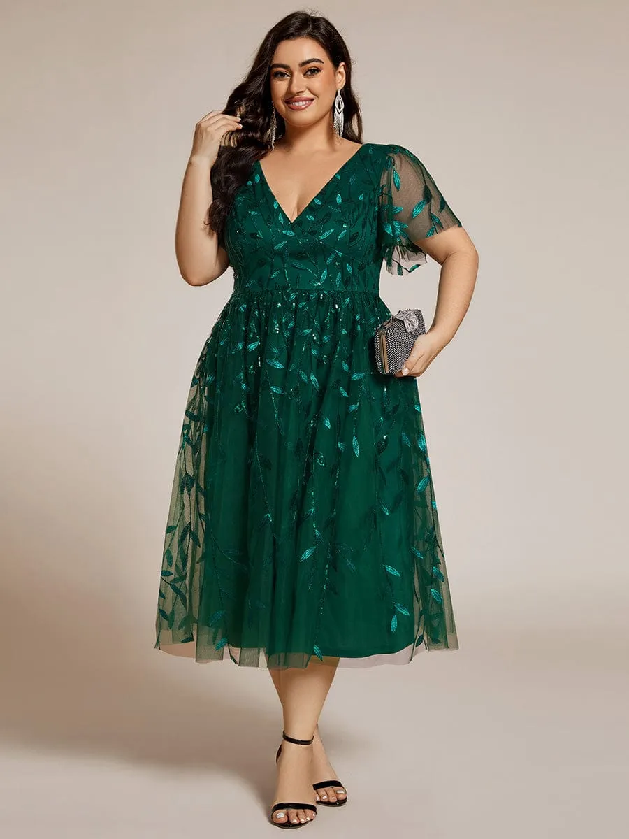 Gentle Coco | Plus Size Sparkly A-Line Midi Tulle Formal Wedding Guest Dress with Leaf Sequin