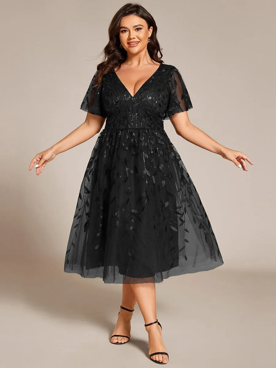 Gentle Coco | Plus Size Sparkly A-Line Midi Tulle Formal Wedding Guest Dress with Leaf Sequin