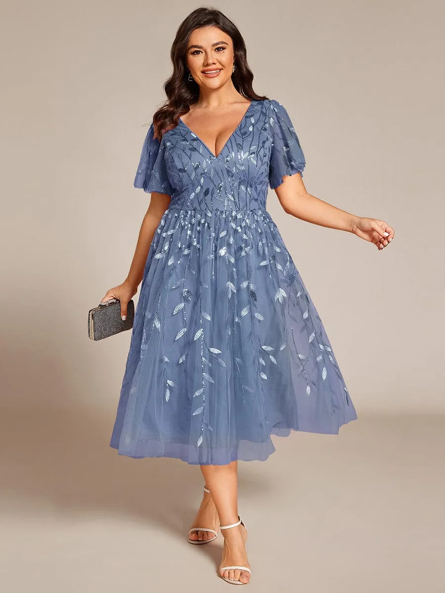 Gentle Coco | Plus Size Sparkly A-Line Midi Tulle Formal Wedding Guest Dress with Leaf Sequin