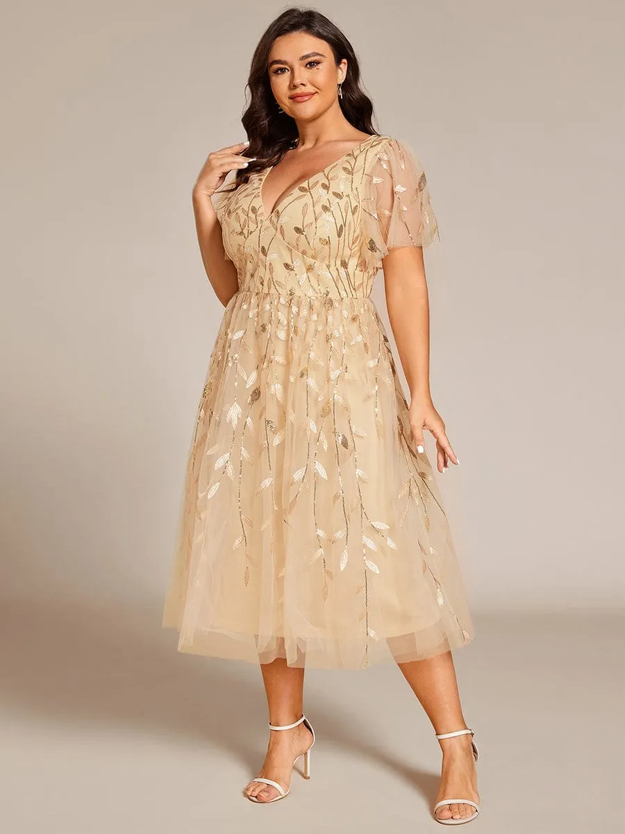 Gentle Coco | Plus Size Sparkly A-Line Midi Tulle Formal Wedding Guest Dress with Leaf Sequin