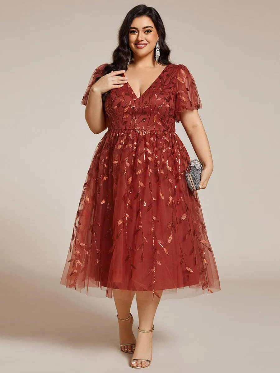 Gentle Coco | Plus Size Sparkly A-Line Midi Tulle Formal Wedding Guest Dress with Leaf Sequin