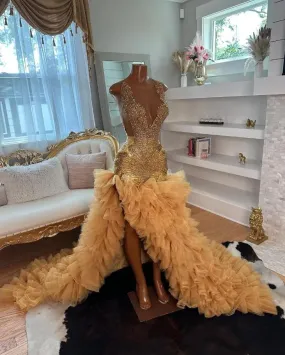 Gold High Low Black Girl Prom Dress for Women 2024 Sparkly Diamond Crystal Ruffles Skirt Mermaid Wedding Party Gown