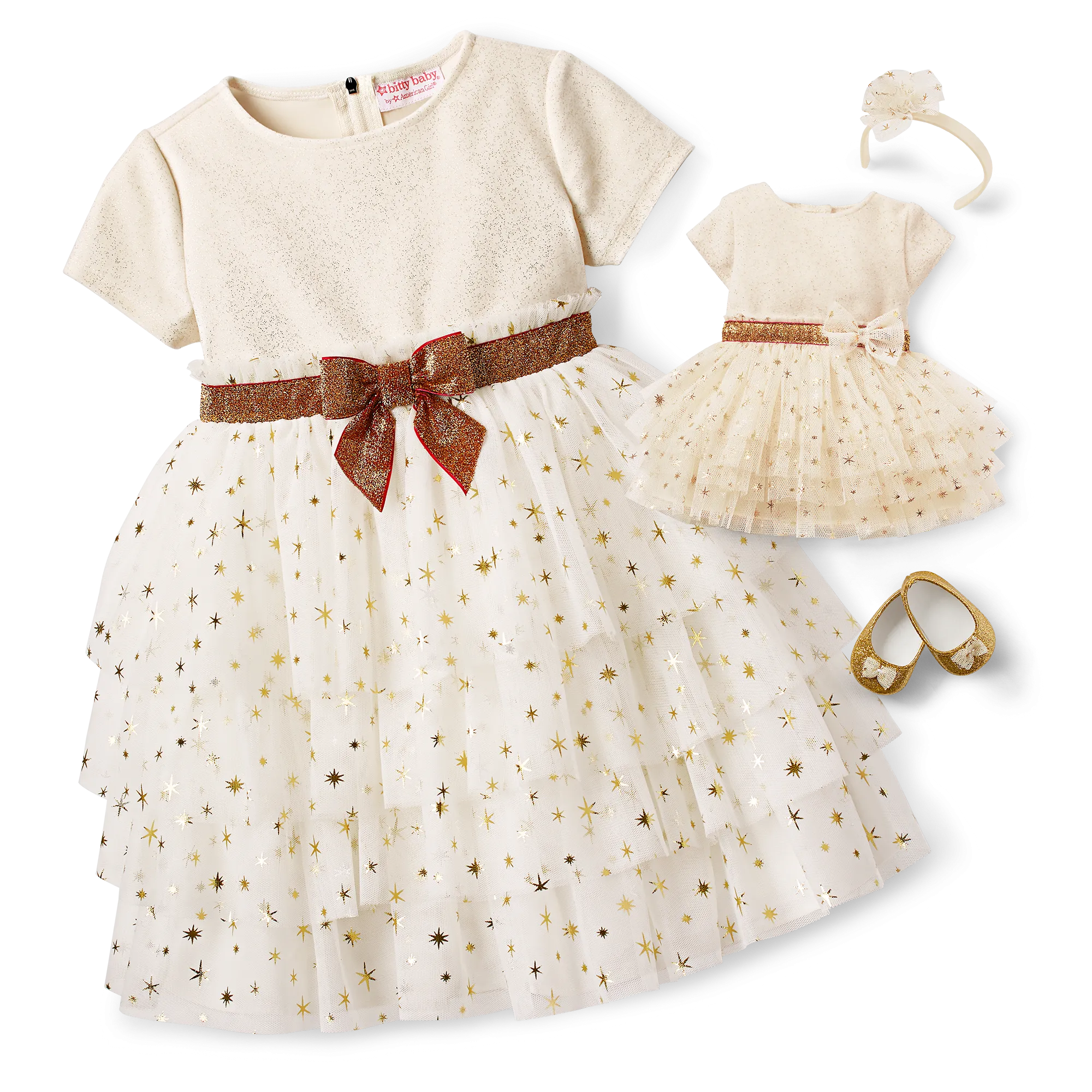 Golden Twinkle Dress for Little Girls & Bitty Baby Dolls