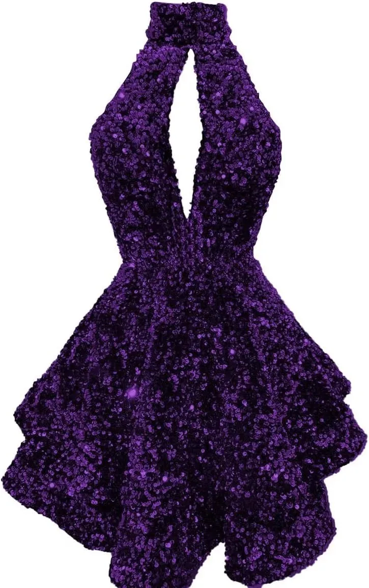 Halter Sequin Homecoming Dresses Short Sparkly Glitter Cutout Mini Backless Tight Bodycon Prom Cocktail Dresses for Women