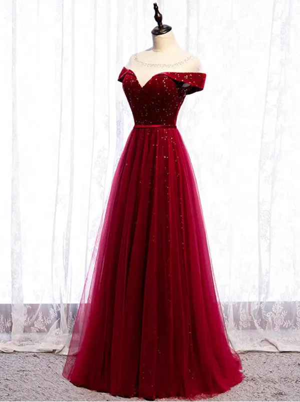 kamahe Cap Sleeve Red Sparkly Tulle Long Evening Prom Dresses