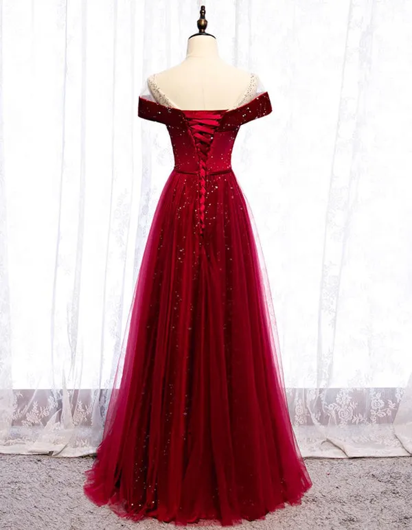 kamahe Cap Sleeve Red Sparkly Tulle Long Evening Prom Dresses