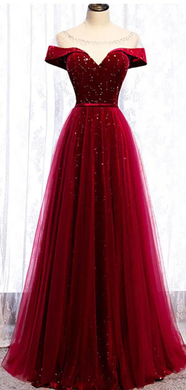 kamahe Cap Sleeve Red Sparkly Tulle Long Evening Prom Dresses