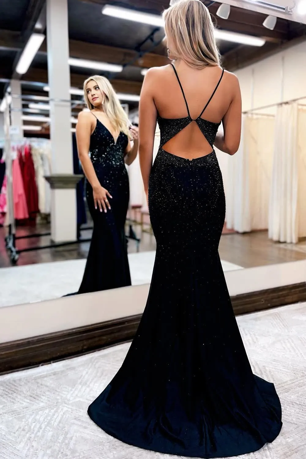 kamahe Sparkly Black Sequins Open Back Long Prom Dress