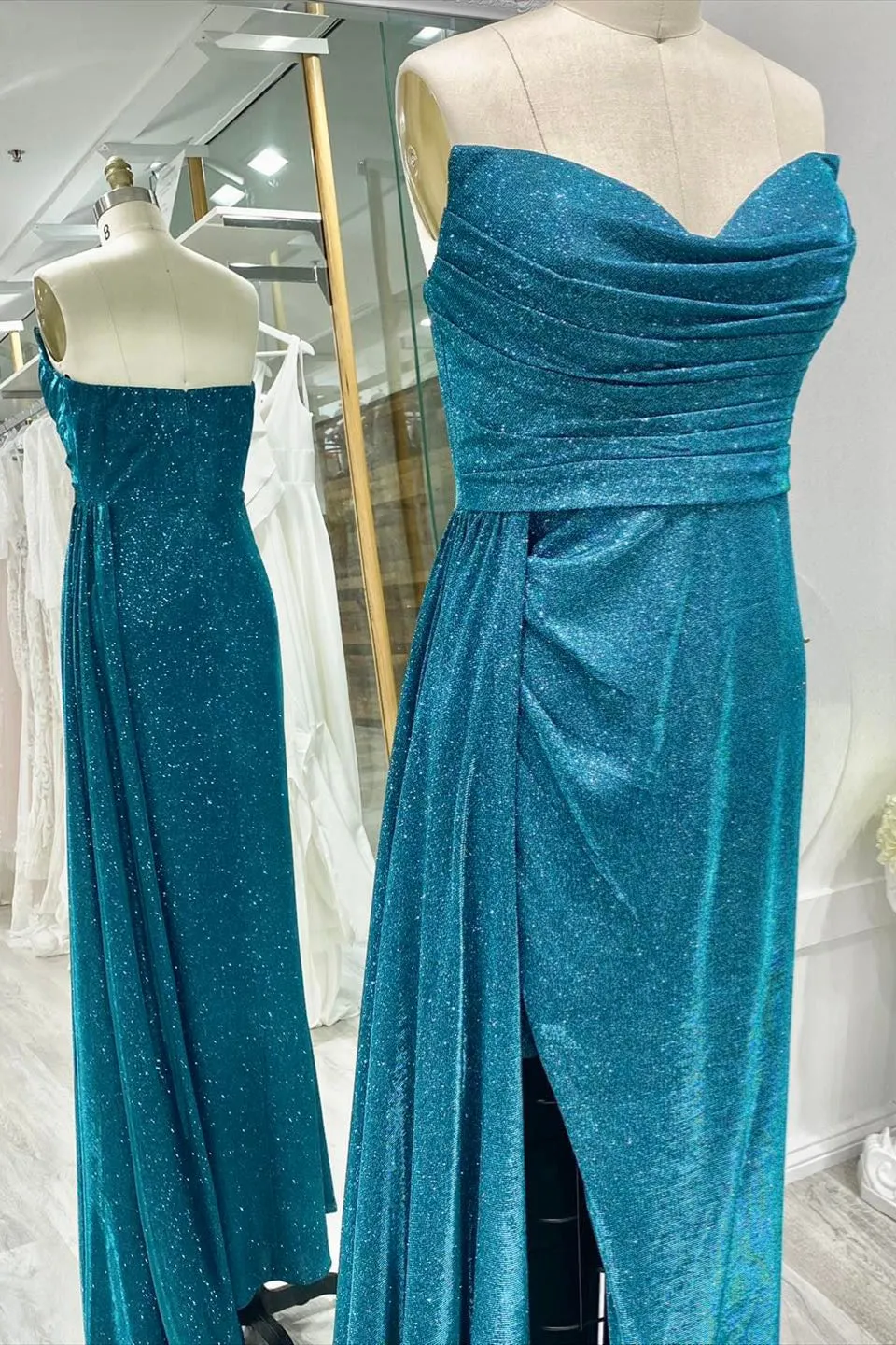 kamahe Sparkly Ink Blue Strapless Pleated Long Prom Dress with Slit