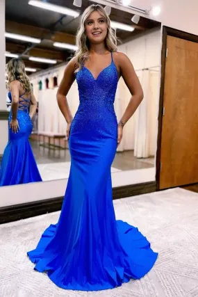 kamahe Sparkly Mermaid Royal Blue Beaded Long Prom Dress With Appliques Party Dresses