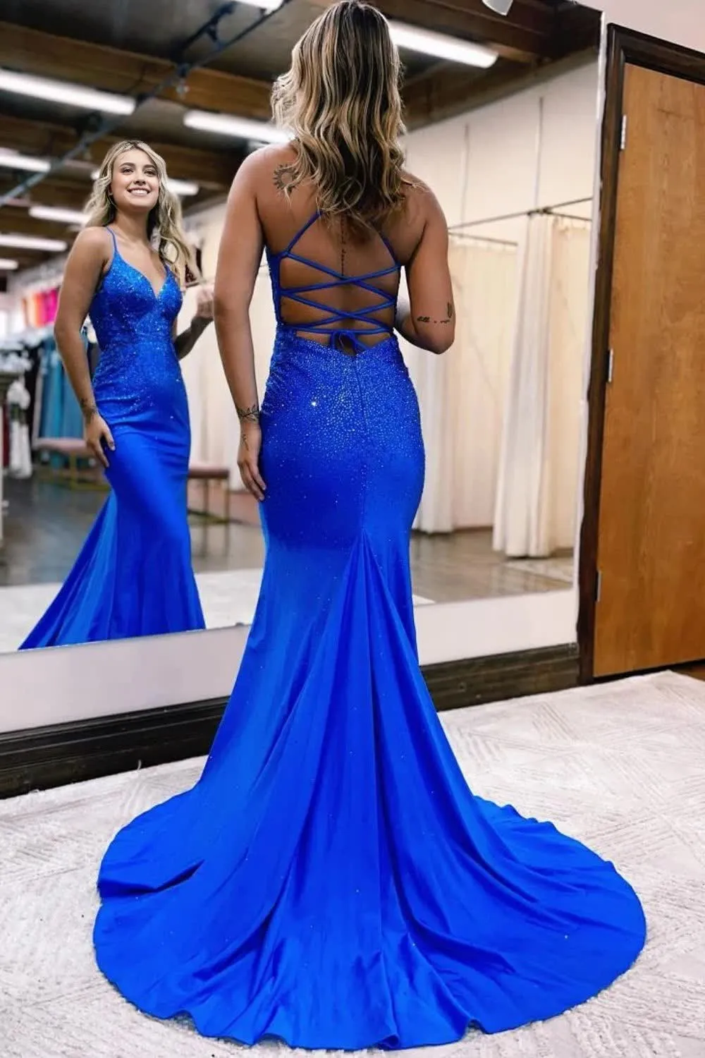 kamahe Sparkly Mermaid Royal Blue Beaded Long Prom Dress With Appliques Party Dresses