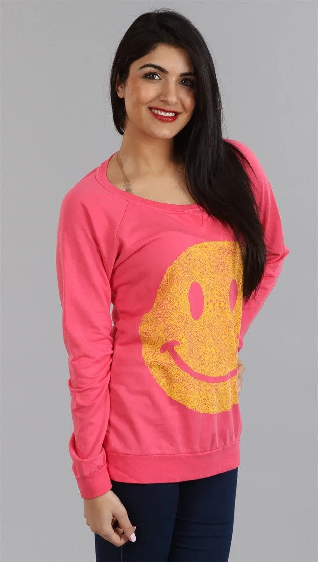 Lauren Moshi Hayden Happy Face LMV Pullover Sweatshirt in Pink Sherbert