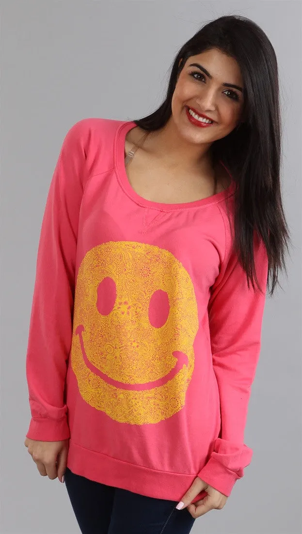 Lauren Moshi Hayden Happy Face LMV Pullover Sweatshirt in Pink Sherbert