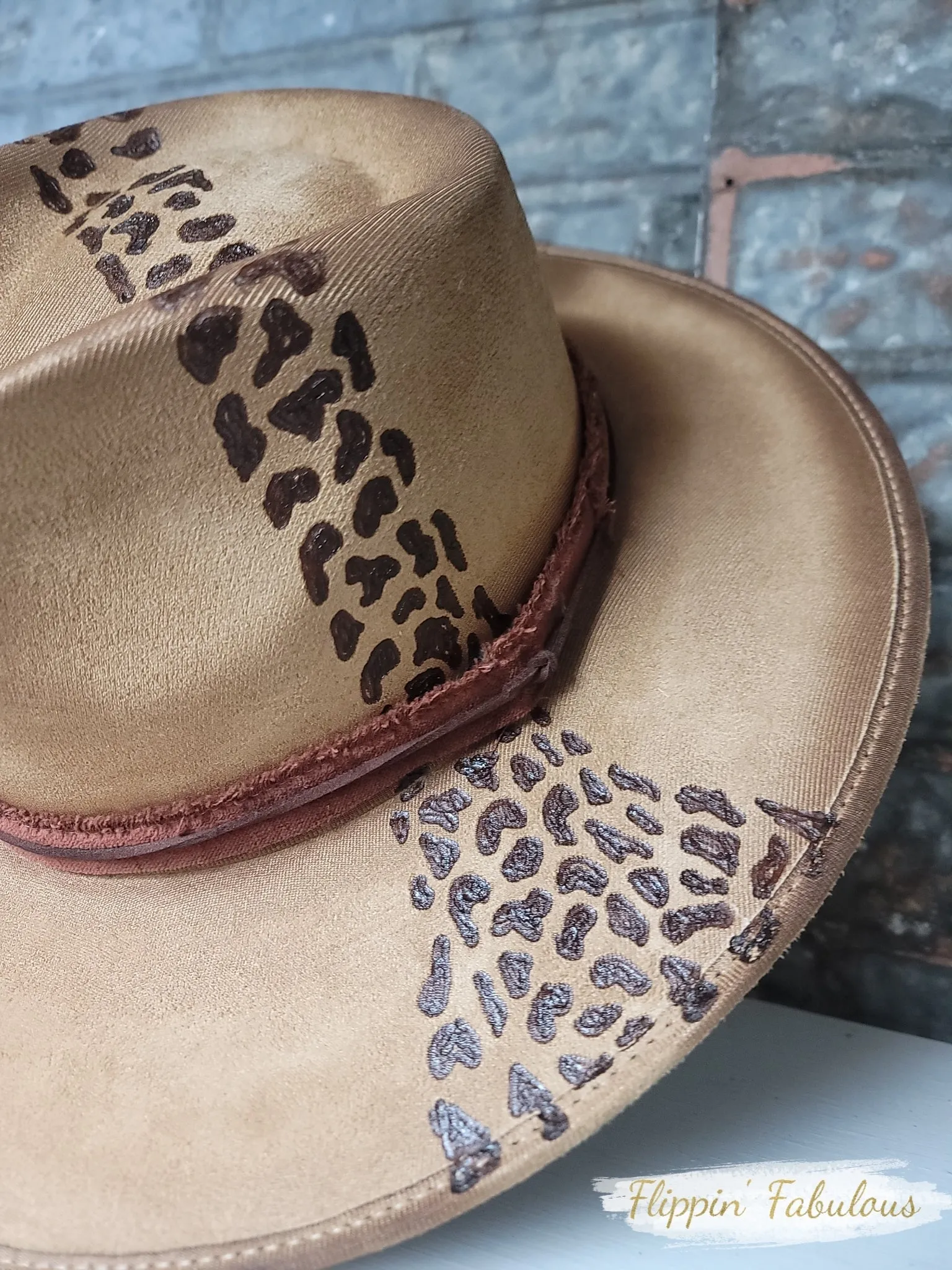 Leopard Suede Hand Burned Wide Brim Hat