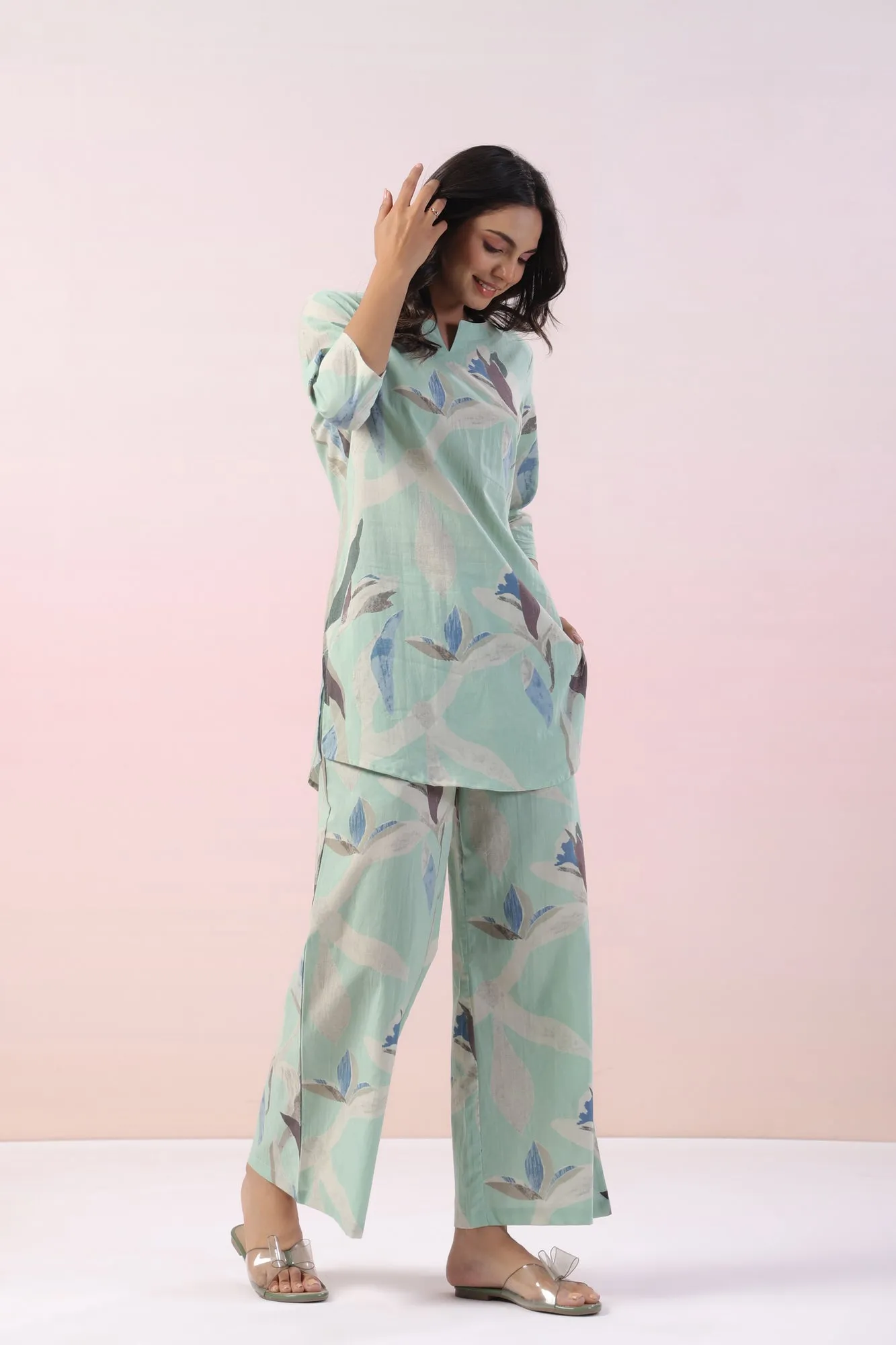 Mint Floral Cotton Palazzo Loungewear Set