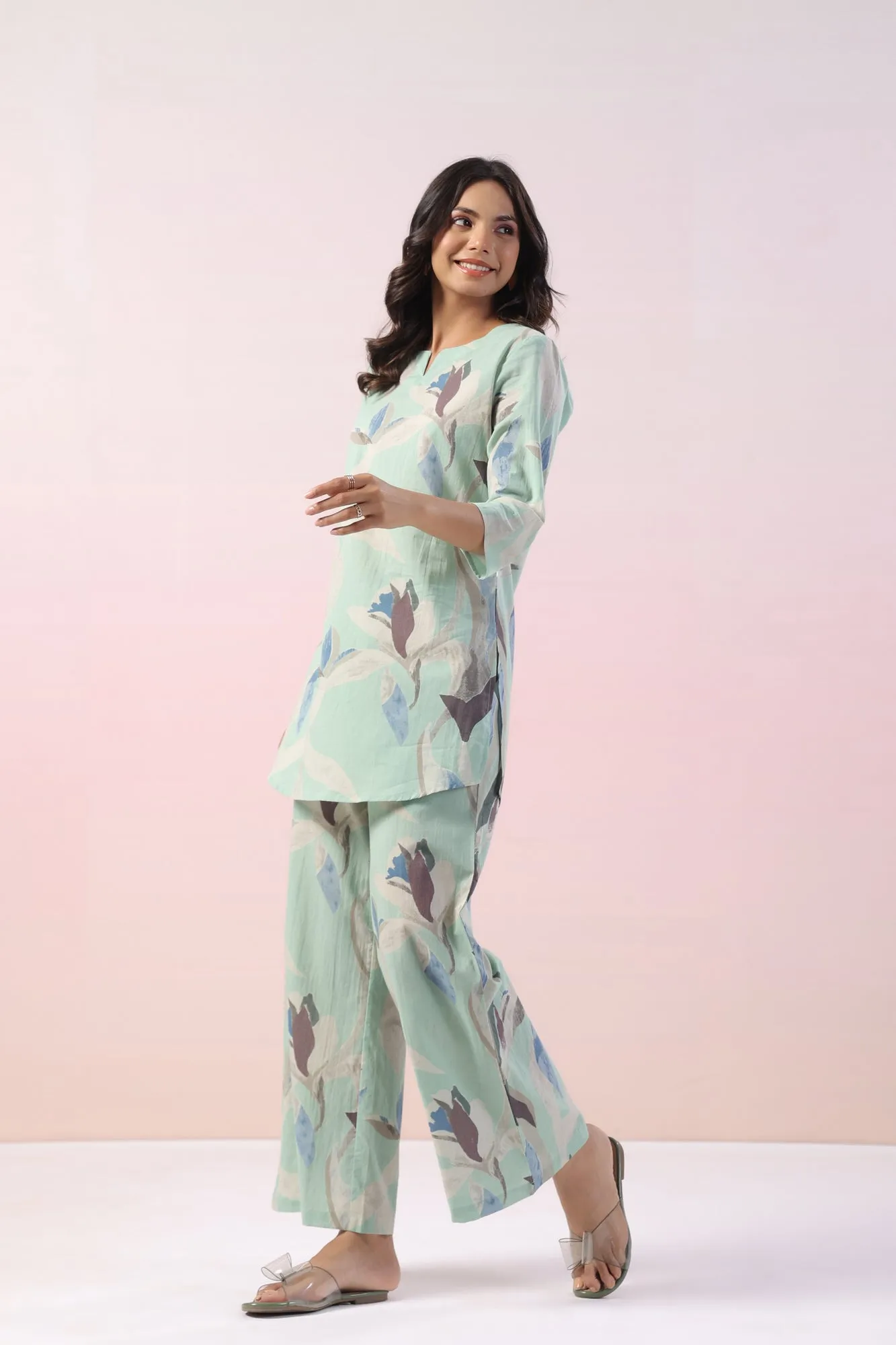 Mint Floral Cotton Palazzo Loungewear Set