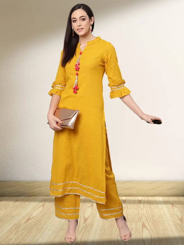 Mustard Solid Kurta With Palazzo Pants