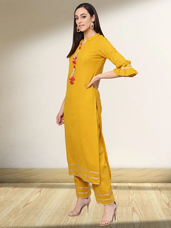 Mustard Solid Kurta With Palazzo Pants