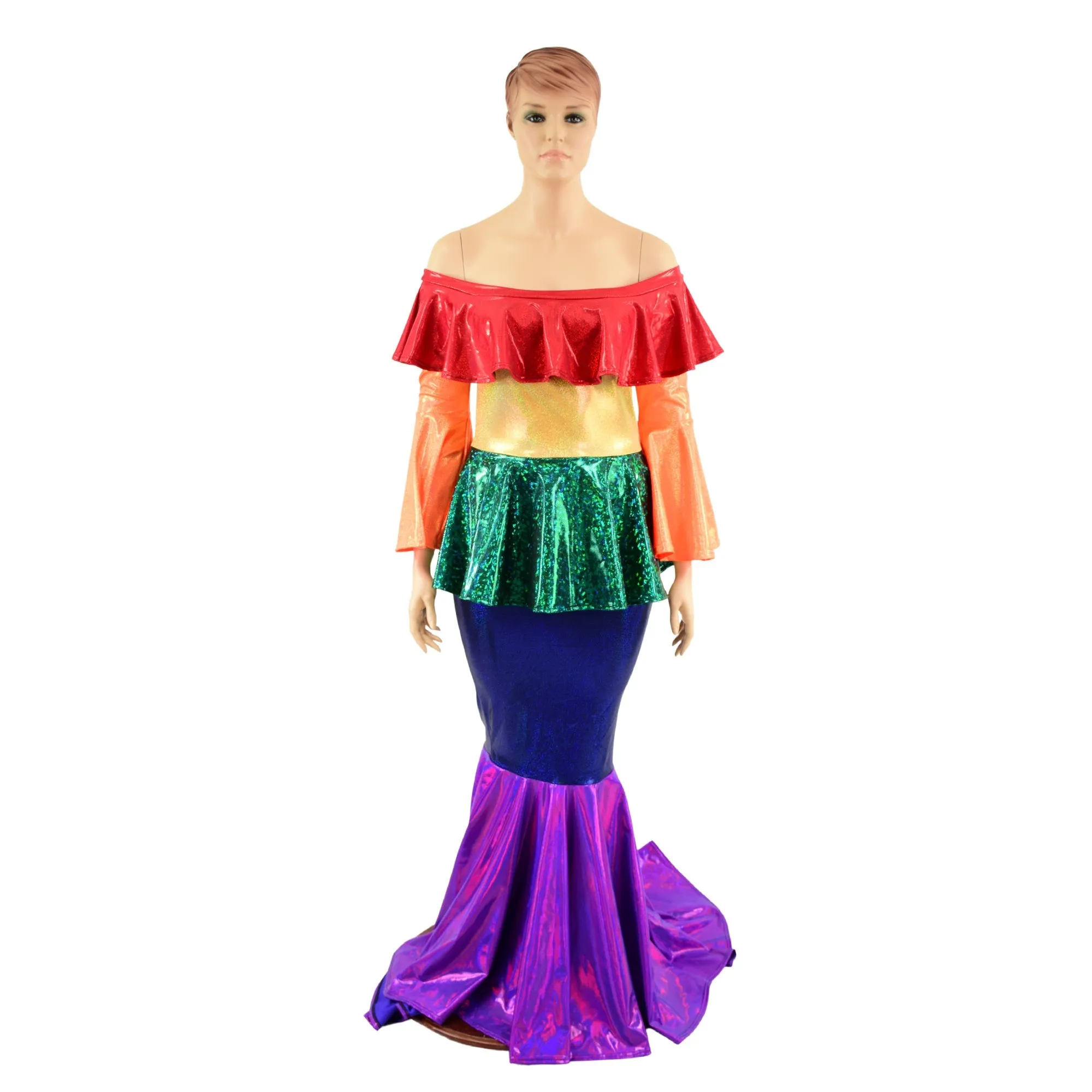 Off Shoulder Rainbow Color Block Gown