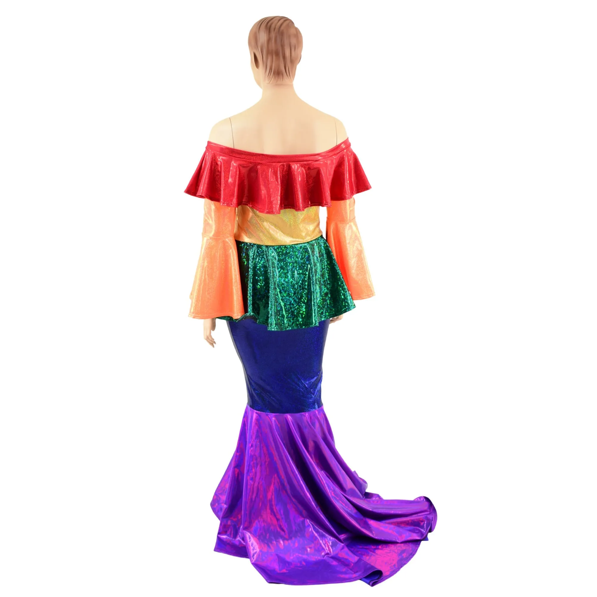 Off Shoulder Rainbow Color Block Gown