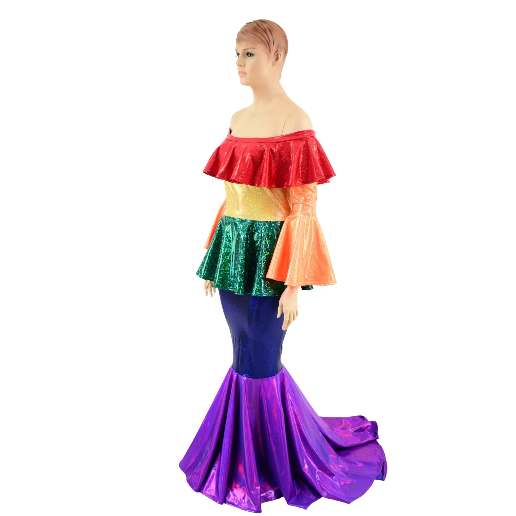 Off Shoulder Rainbow Color Block Gown