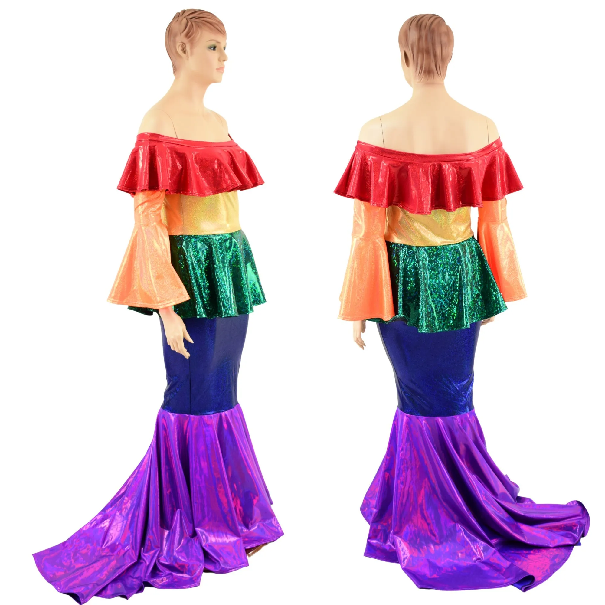 Off Shoulder Rainbow Color Block Gown