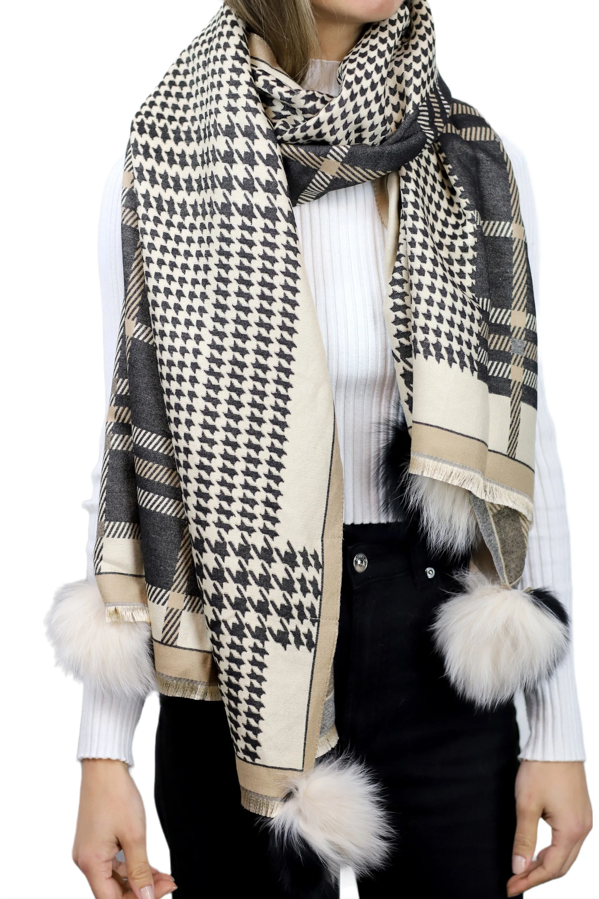 Plaid/Houndstooth Print Wrap with Fox Poms - Black & Beige