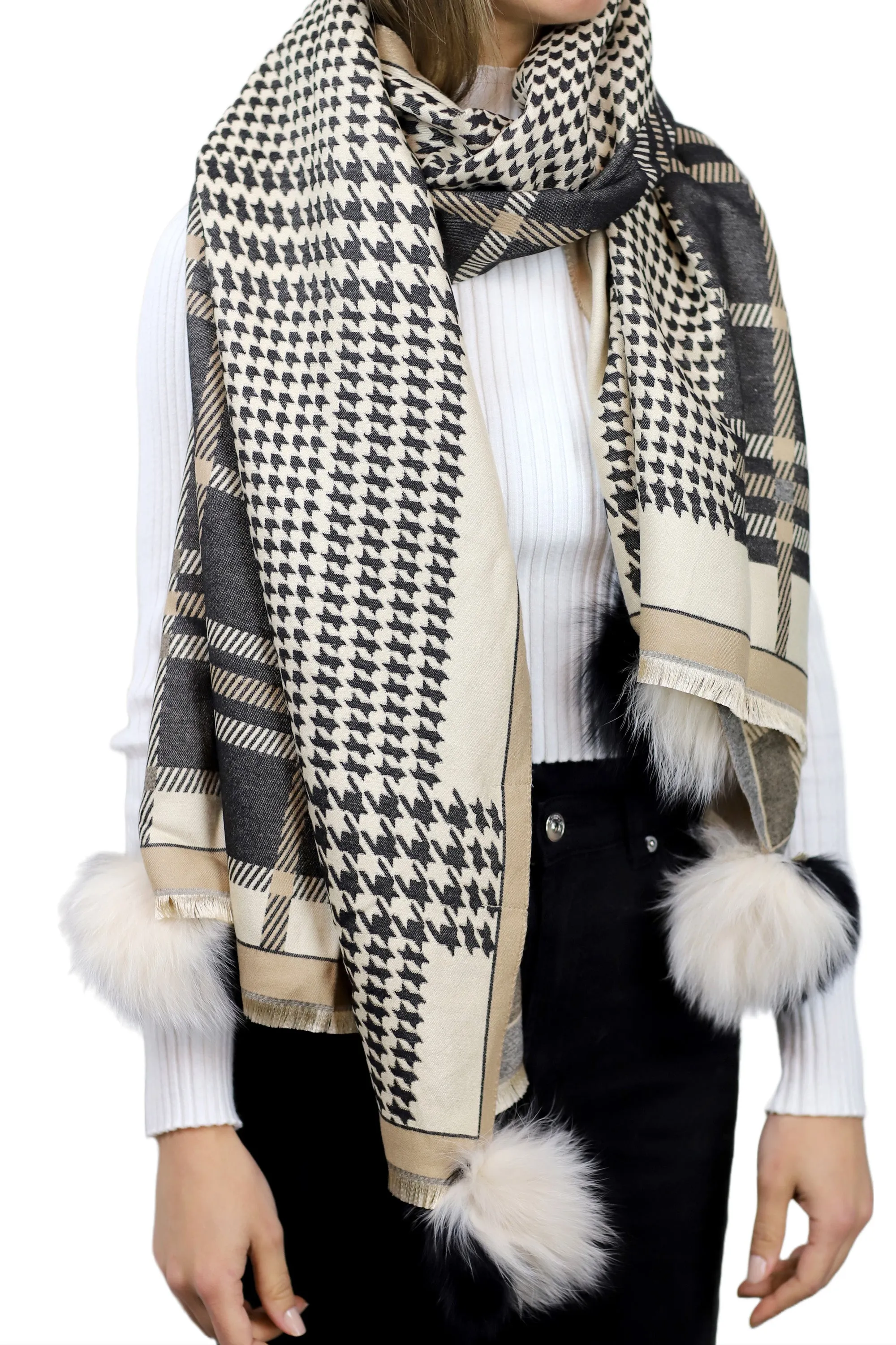 Plaid/Houndstooth Print Wrap with Fox Poms - Black & Beige