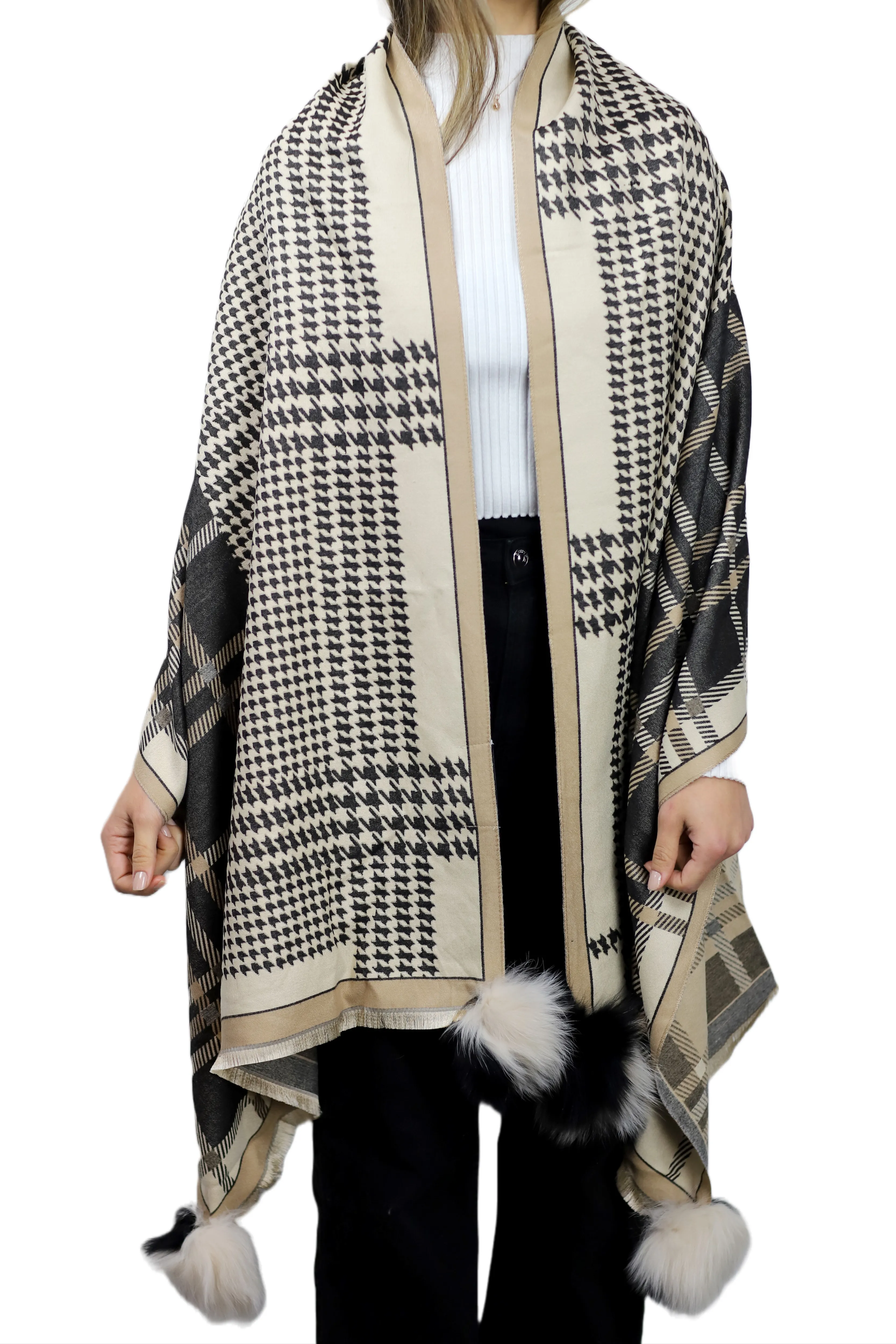 Plaid/Houndstooth Print Wrap with Fox Poms - Black & Beige