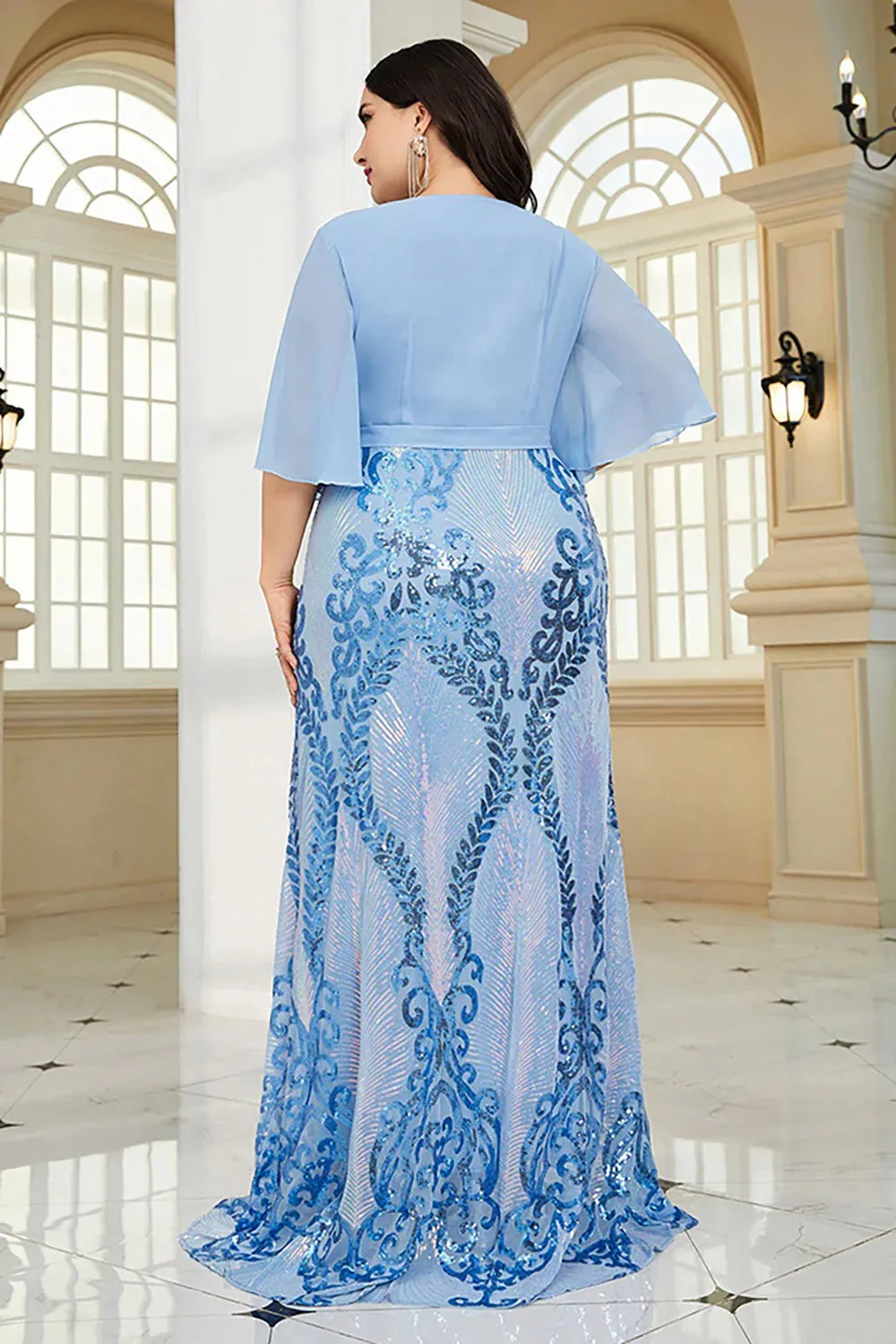 Plus Size Blue Sparkly Mother of the Bride Dress Floor-Length Dresses