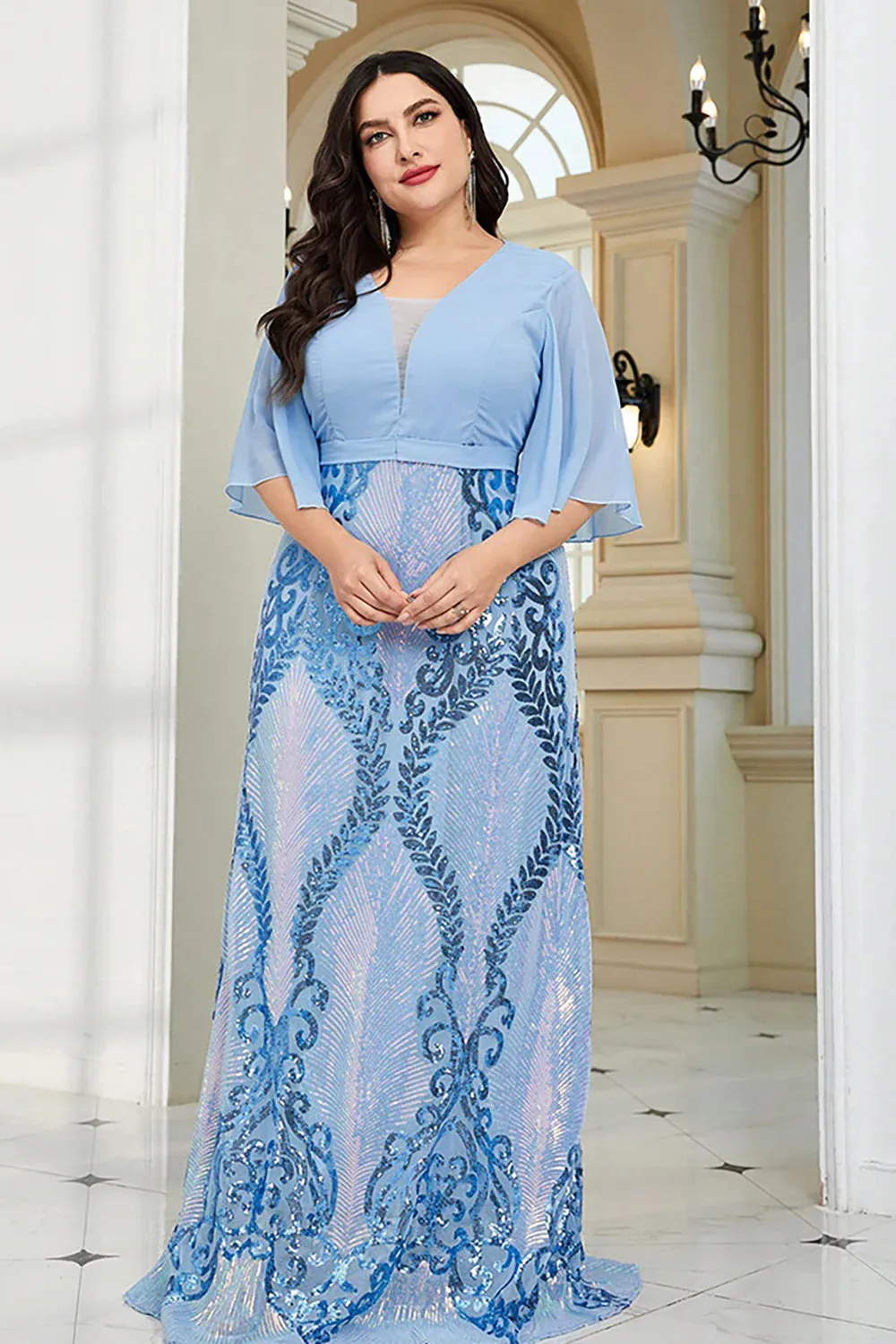 Plus Size Blue Sparkly Mother of the Bride Dress Floor-Length Dresses