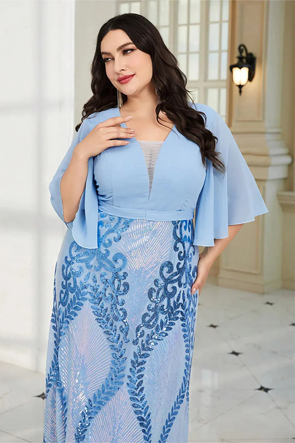 Plus Size Blue Sparkly Mother of the Bride Dress Floor-Length Dresses