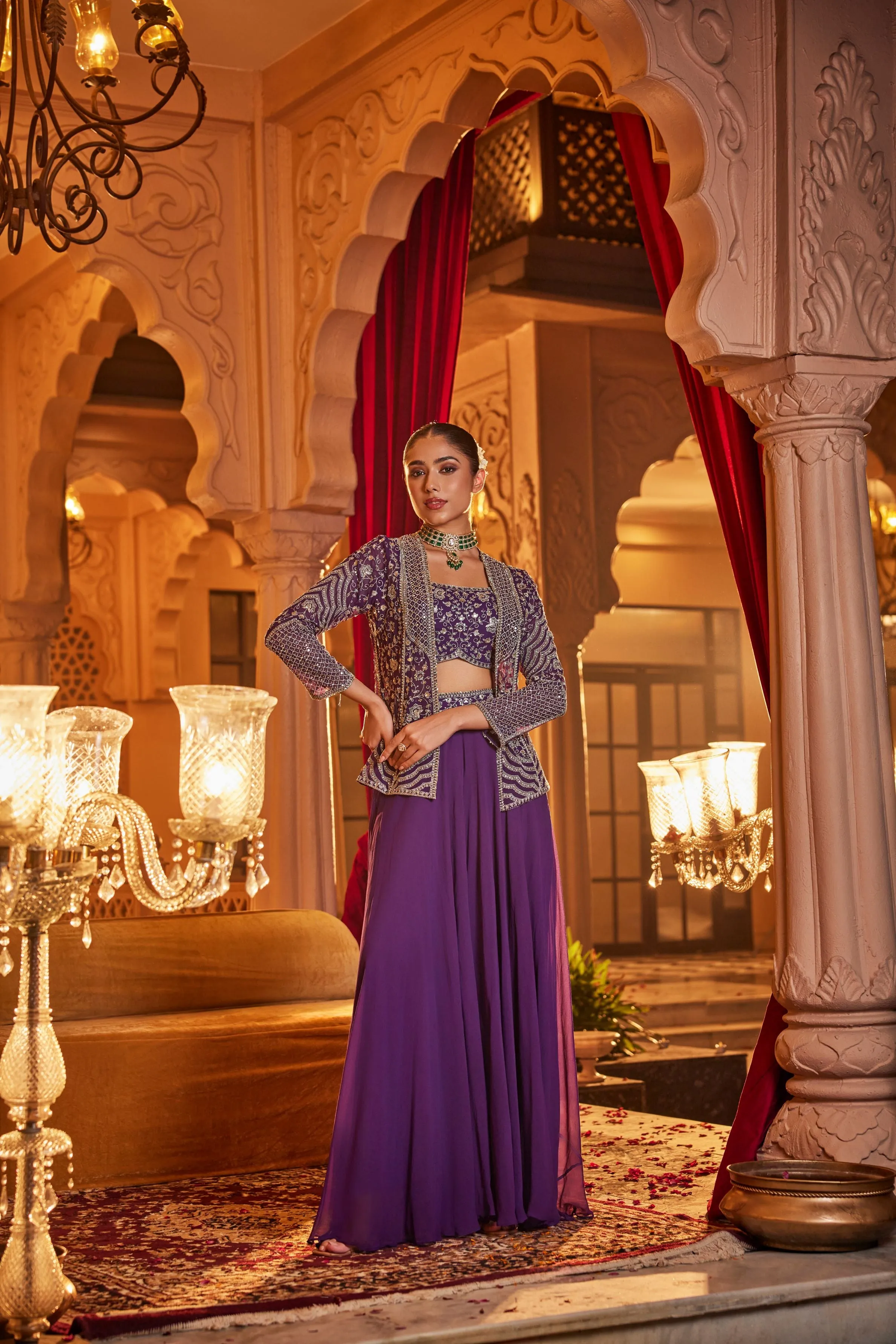 Purple Embellished Georgette Silk Jacket Palazzo Set