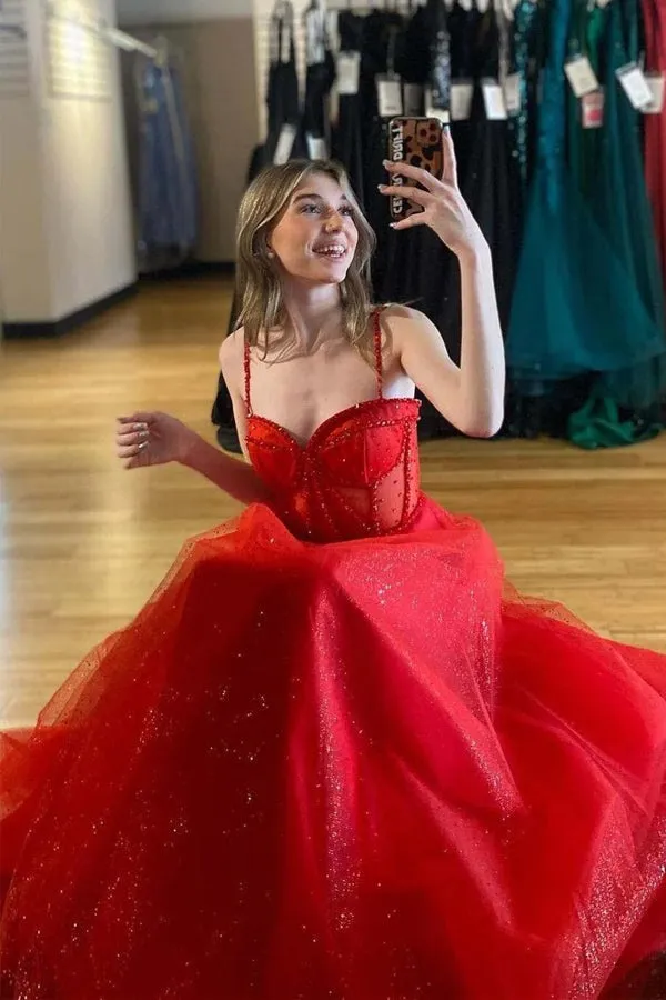 Red Straps Beaded Sparkly  A-Line Prom Dresses