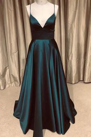 Sparkly Dark Green A Line V Neck Spaghetti Straps Long  Prom Dress with Pockets, SP568