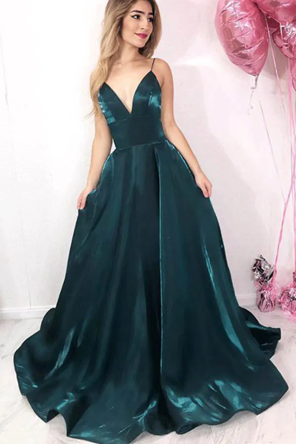 Sparkly Dark Green A Line V Neck Spaghetti Straps Long  Prom Dress with Pockets, SP568