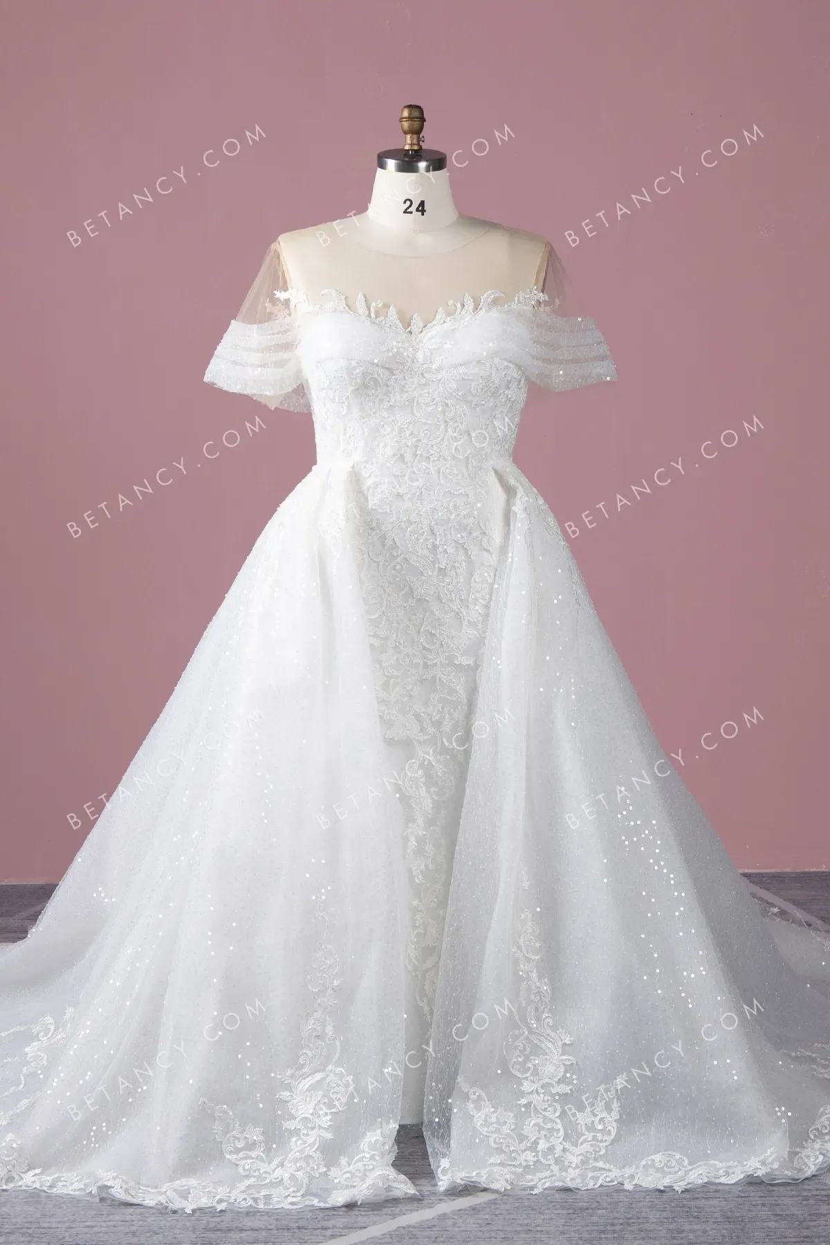 Sparkly Lace Ruffled Wedding Dress with Overskirt