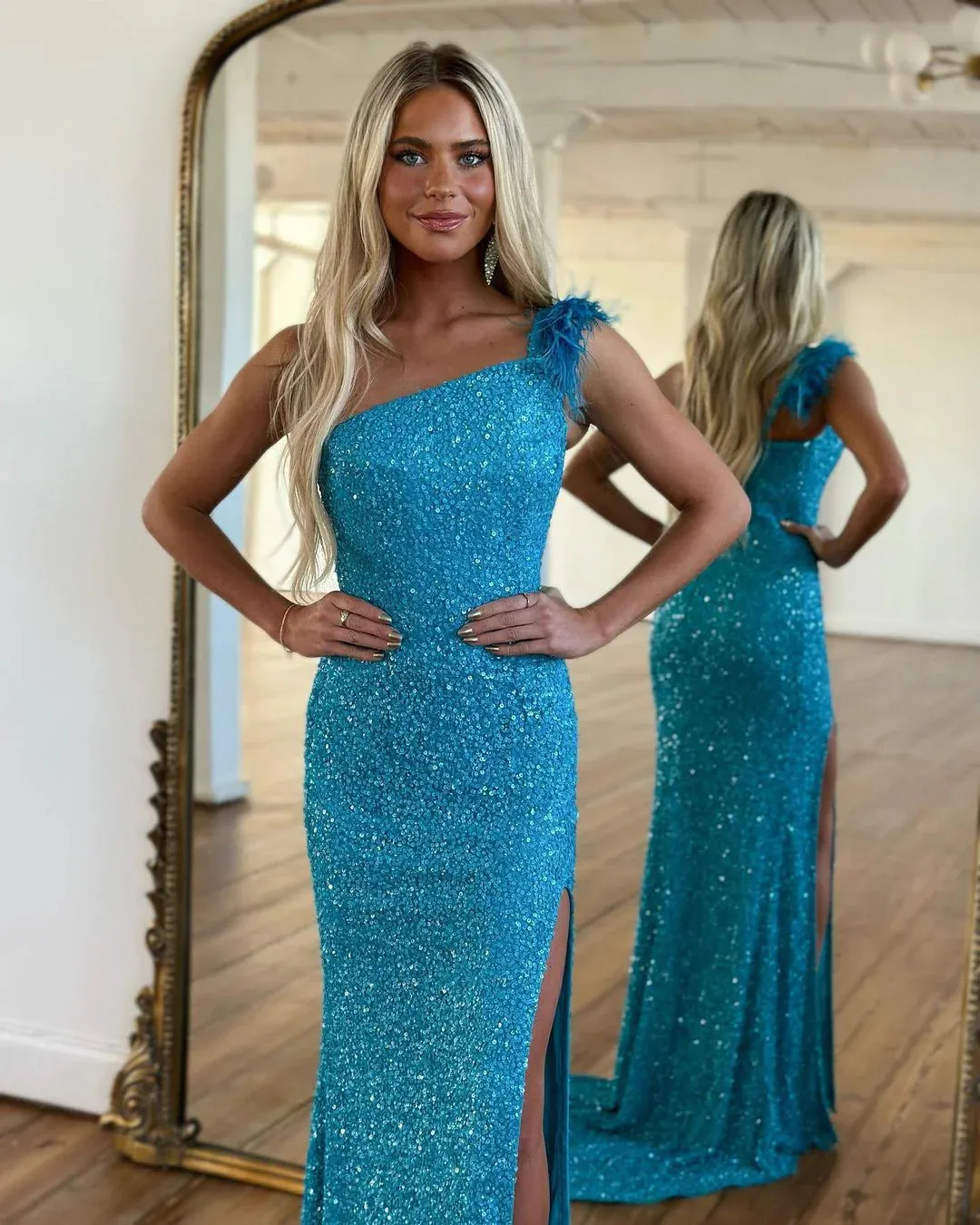 Sparkly Mermaid One Shoulder Blue Sequins Long Prom Dresses