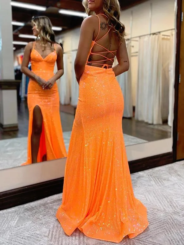 Sparkly Orange Sequins Mermaid Long Prom Dress