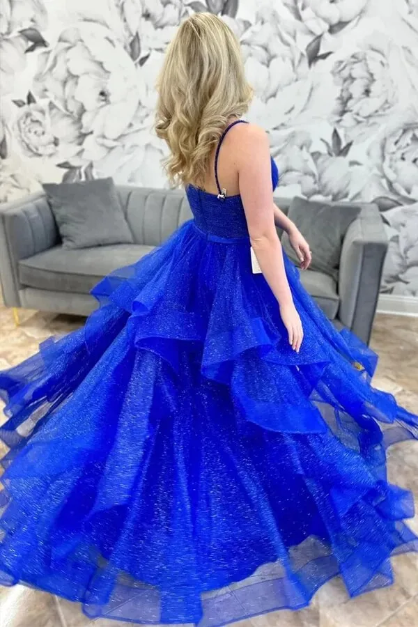 Sparkly Royal Blue Tulle A-line V-neck Multi-Layer Long Prom Dresses, SLP005