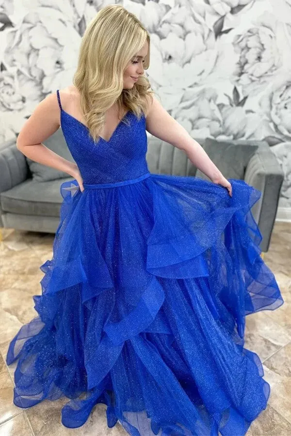 Sparkly Royal Blue Tulle A-line V-neck Multi-Layer Long Prom Dresses, SLP005