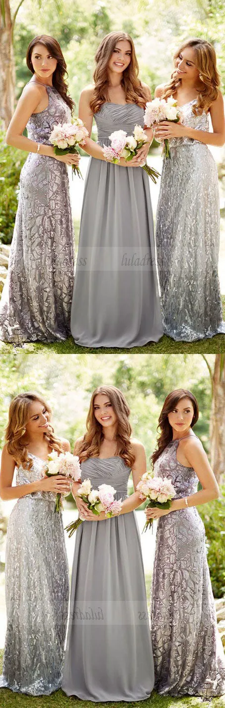 Strapless Grey Bridesmaid Dresses, Long Bling Bridesmaid Dresses, Sparkly Bridesmaid Dresses