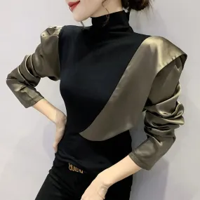 Turtleneck Ruffled Color Blocking Puff Sleeve Blouse